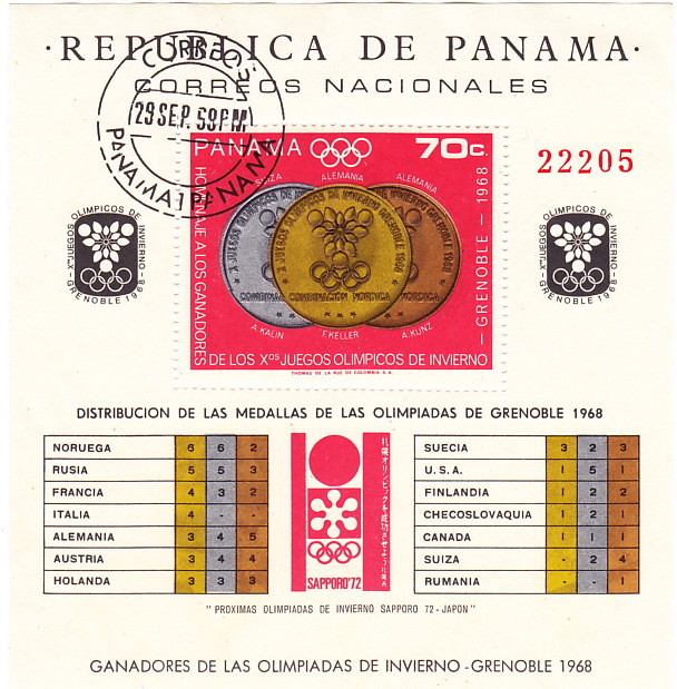 1968  Winter Olympic Games Winners   Souvenir Sheet  Sc 487I  Cancelled - Panama