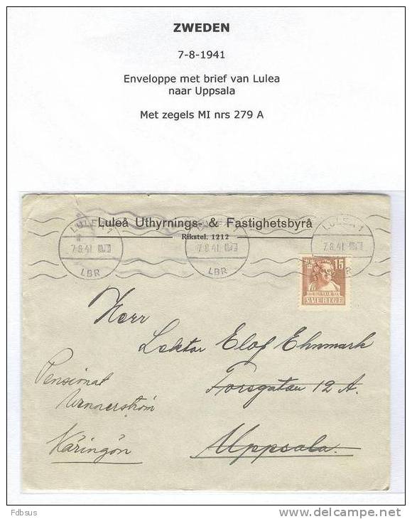 1941 ENVELOPPE MET BRIEF  VAN LULEA NAAR UPPSALA- ZEGEL MI NR 279 A - Lettres & Documents