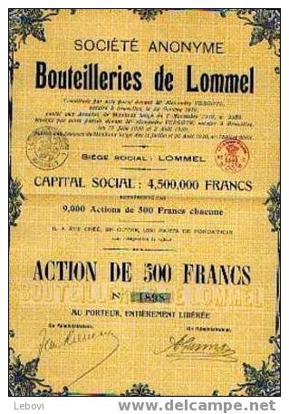 "SA Bouteilleries De LOMMEL" - Action De 500 Fr (1920) - Industrie