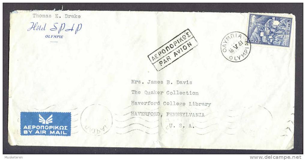 Greece Par Avion Cancel Hotel SPAP Olympie Olympia Astir Beach Bungalows Glyfada Athens 1961 Cover & Original Letter - Lettres & Documents