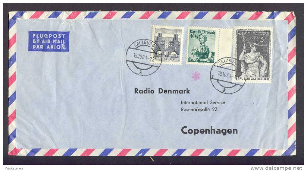 Austria Flugpost Airmail Par Avion Salzburg 1961 Cancel Cover To Radio Denmark Weltbankkongress Bauwerke Trachten - Autres & Non Classés