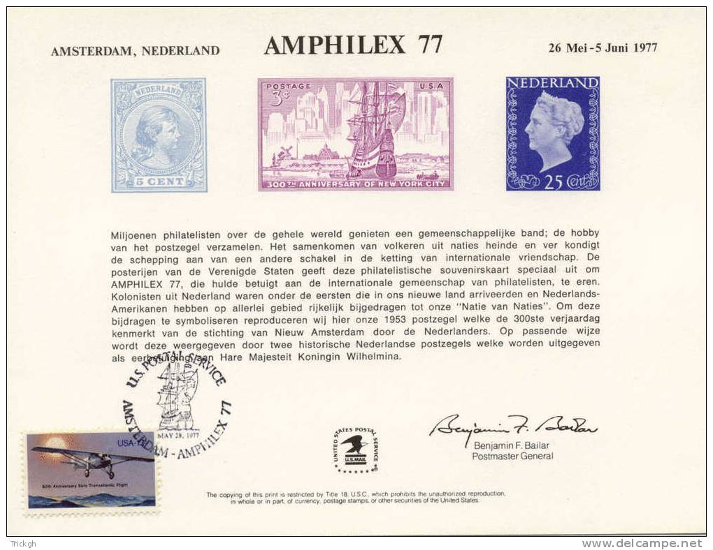 Amphilex 77 / Amsterdam Nederland Holland 1977 / New York Windmill Sailing-vessel Lindbergh - Cartes Souvenir