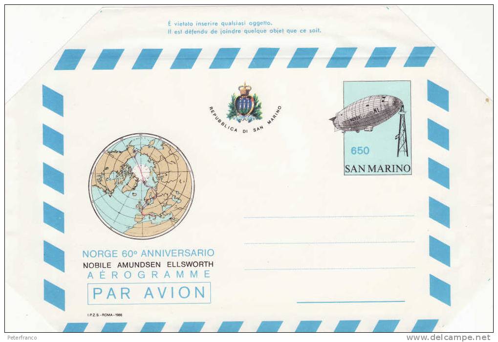 1986 San Marino -  Aerogramma - 60° Ann. NORGE - Entiers Postaux