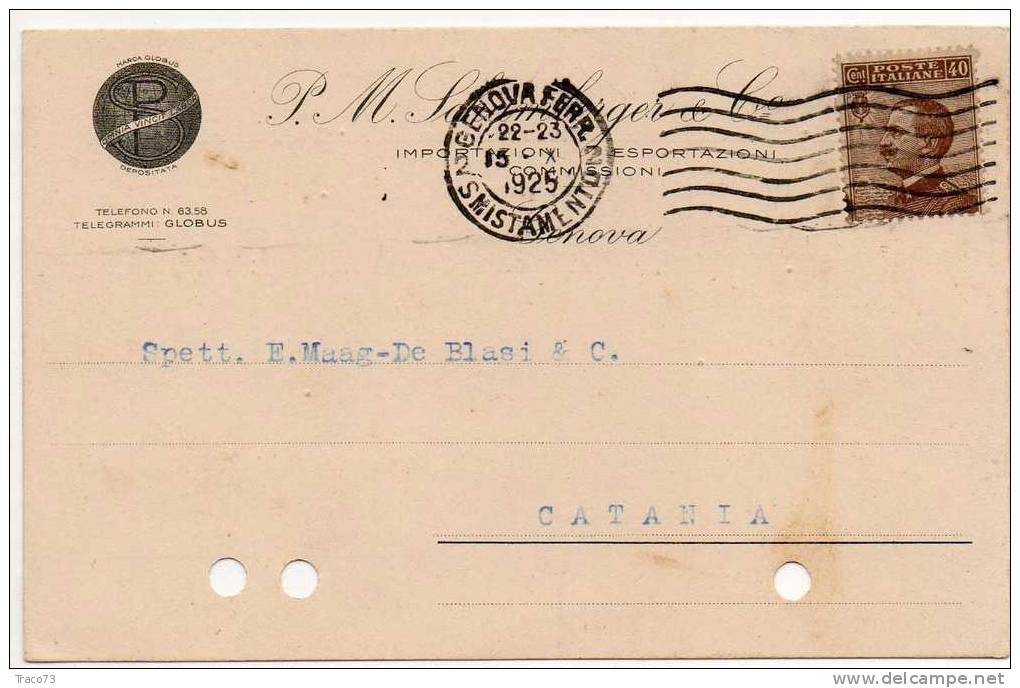 GENOVA   15.10.1925 - Card Cartolina - "Ditta SCHAMBERGER & Co"   Firma Cent. 40 Isolato - Publicité