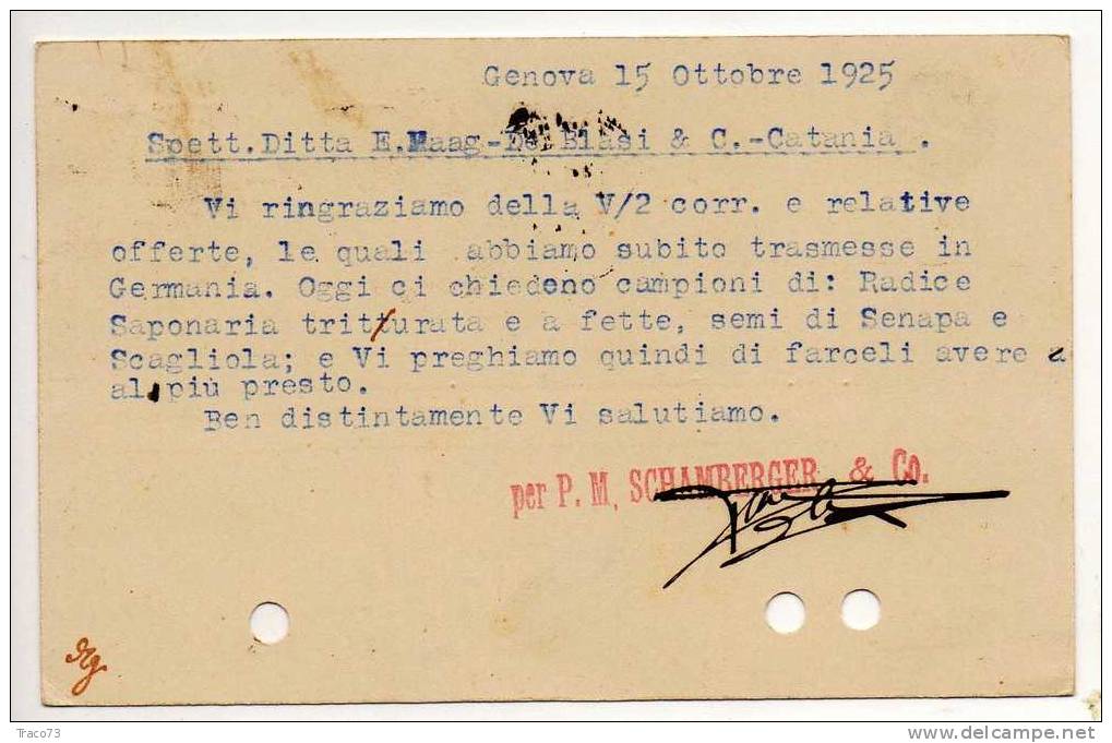 GENOVA   15.10.1925 - Card Cartolina - "Ditta SCHAMBERGER & Co"   Firma Cent. 40 Isolato - Publicidad