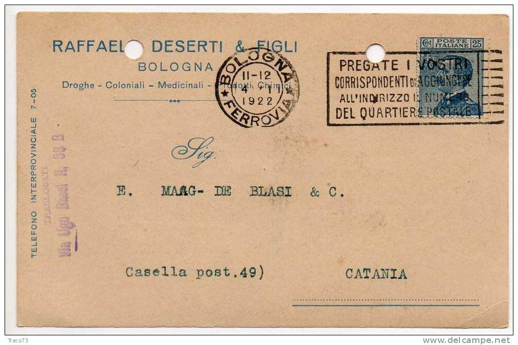 BOLOGNA  03.01.1922 - Card Cartolina - "Ditta RAFFAELE DESERTI & FIGLIi"  Firma  - Cent. 25 Isolato - Publicité