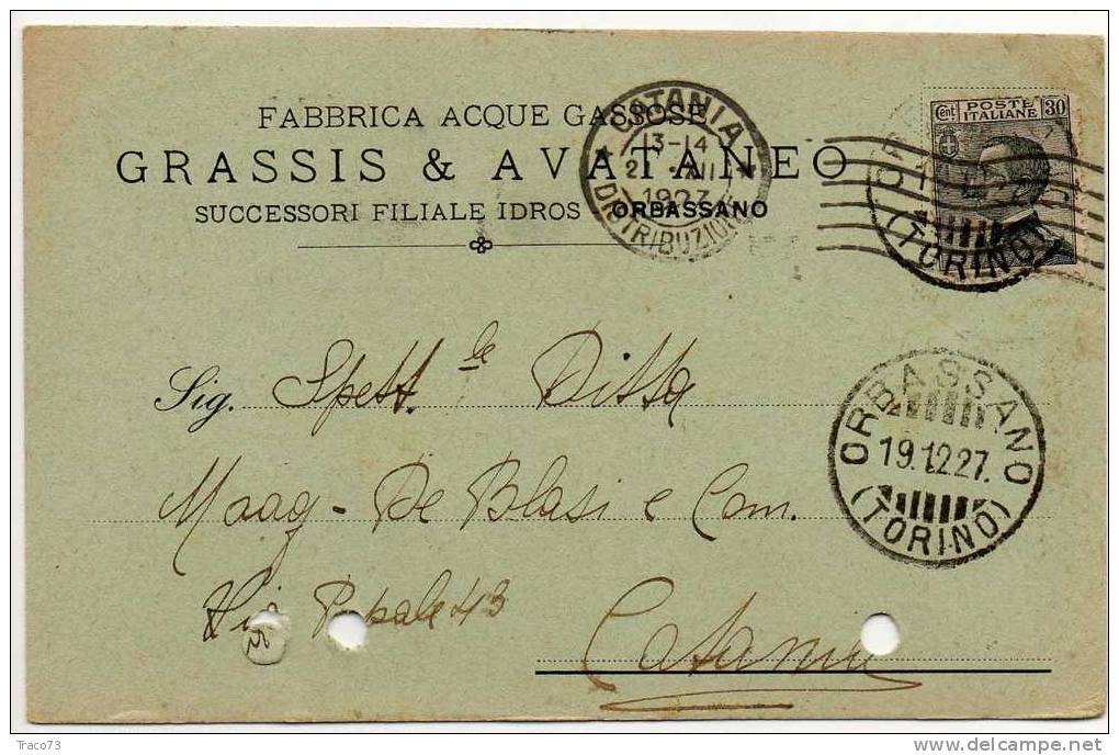 ORBASSANO  19.02.1927 - Card Cartolina - "Fabbrica Acque Gassose GRASSIS & AVANTANEO"  Firma Cent. 30 Isolato - Reklame