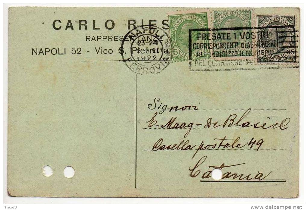 NAPOLI  21.02.1922 - Card Cartolina - "Rappresentanze CARLO RIESEN"  Firma Cent. 5 X 2+15 - Publicity