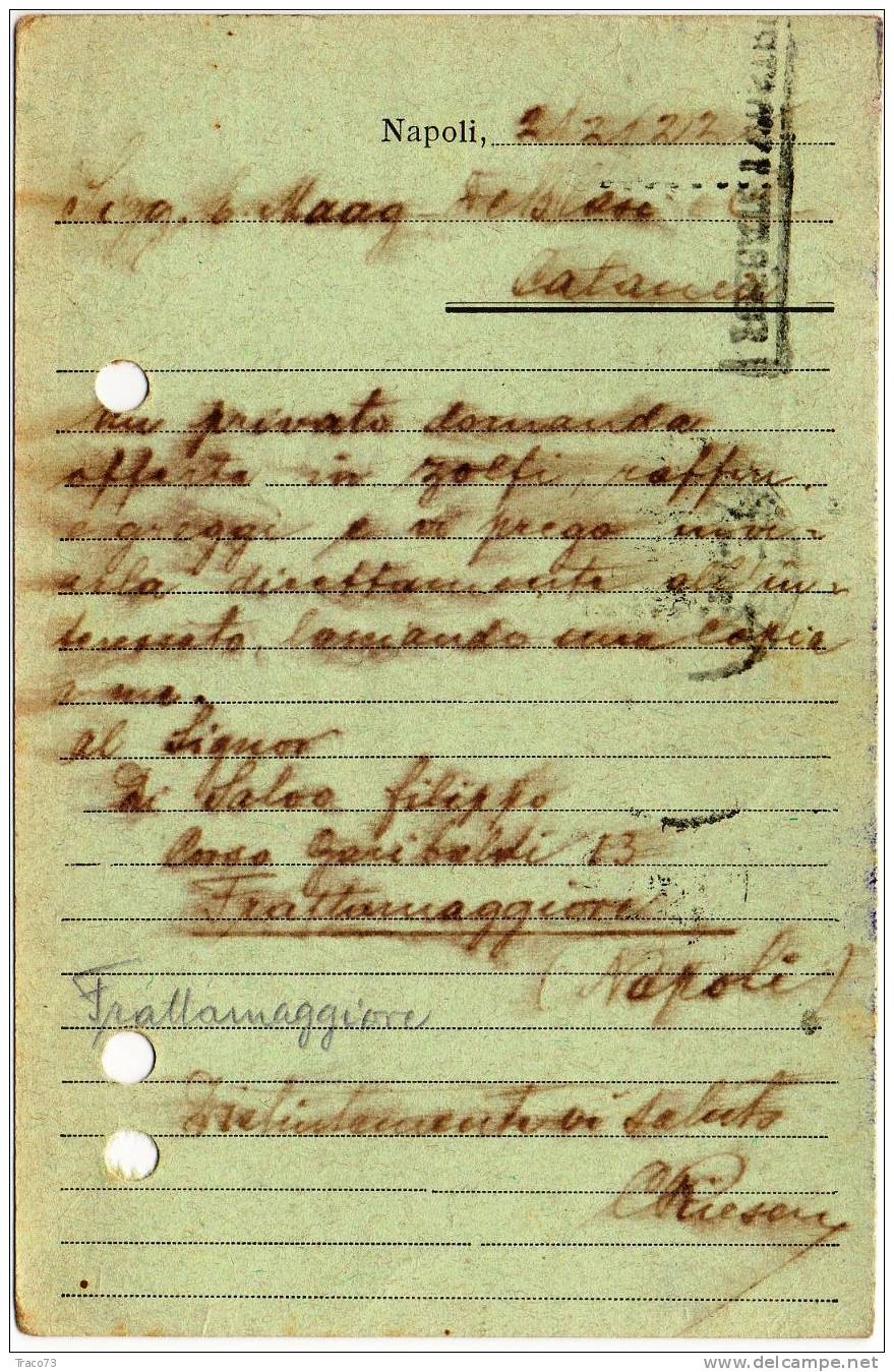NAPOLI  21.02.1922 - Card Cartolina - "Rappresentanze CARLO RIESEN"  Firma Cent. 5 X 2+15 - Publicity