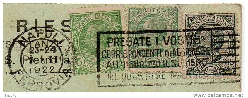 NAPOLI  21.02.1922 - Card Cartolina - "Rappresentanze CARLO RIESEN"  Firma Cent. 5 X 2+15 - Publicité