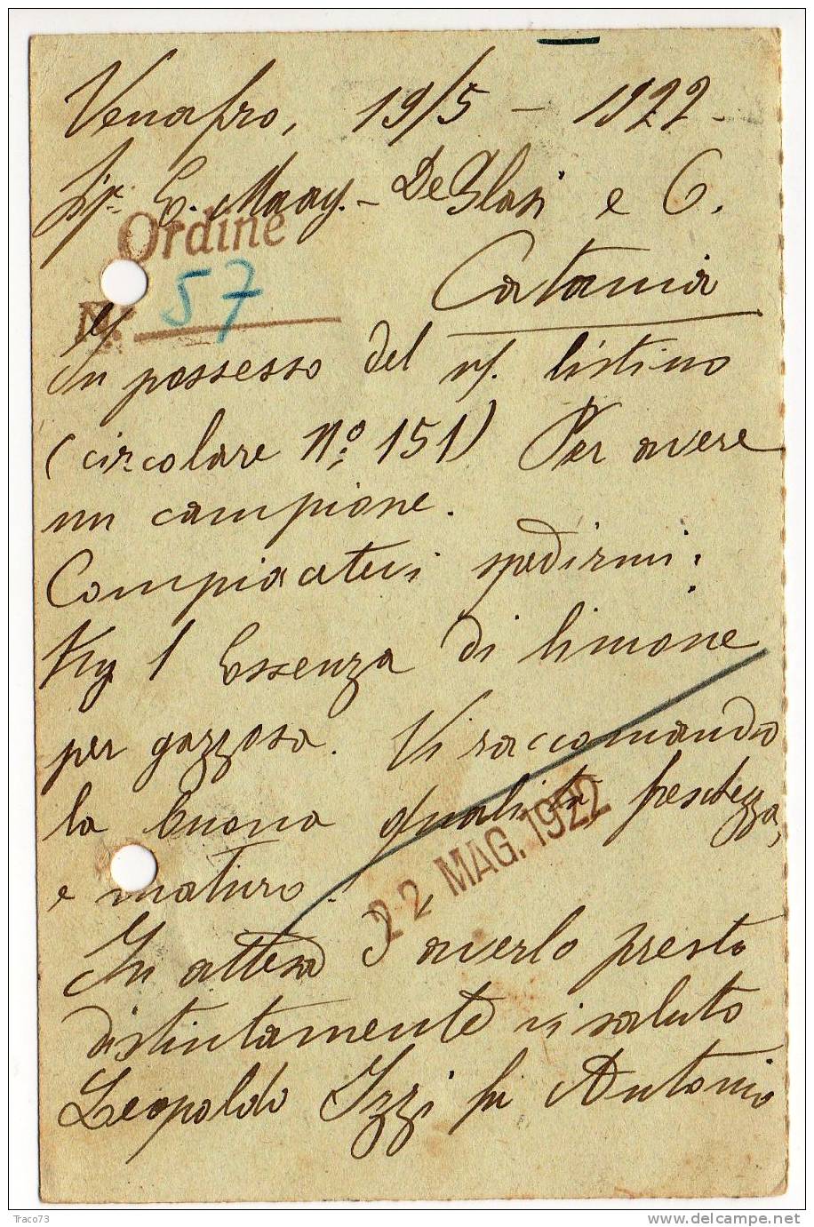 VENAFRO  19.05.1922 - Card Cartolina - "Ditta  LEOPOLDO UZZI  Fu  ANTONIO "  Firma - Interessante Affr. - Reklame