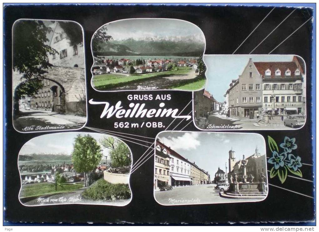 Weilheim,Gruss Aus,5-Bild-Karte,Gesamtansicht,Alte Stadtmauer,Schmidstraße,B Lick Von Cafe Gögerl,Marienplatz,1965 - Weilheim