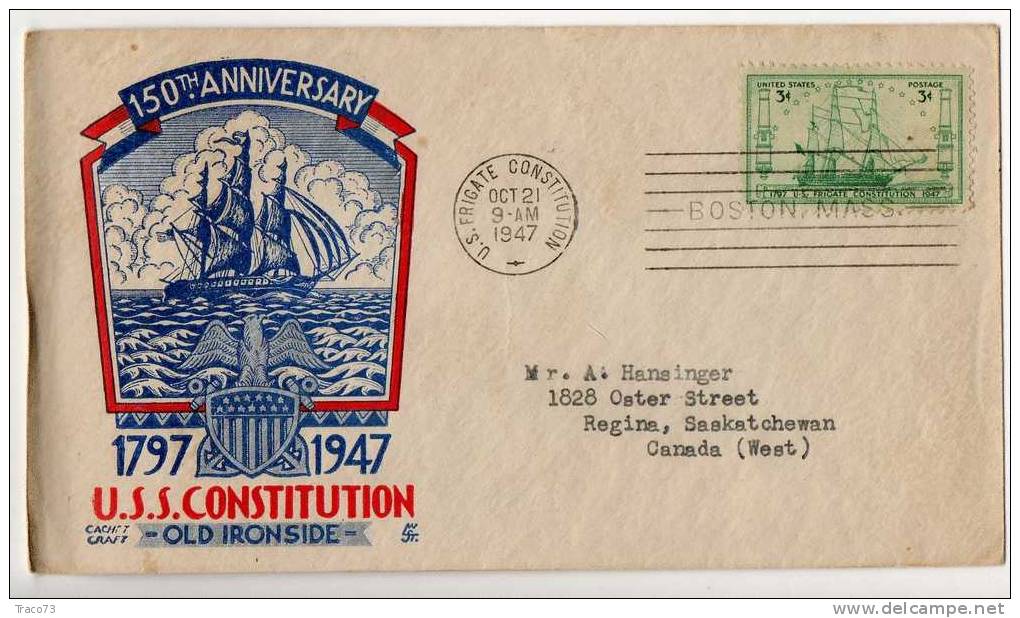 BOSTON   / Saskatchewan -CANADA  Cover / Lettera - 150TH U.S.S CONSTITUTION - Lettres & Documents