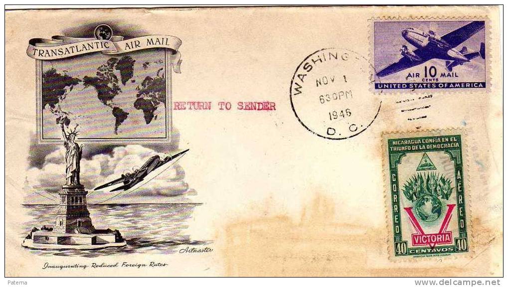 Carta, WASHINGTON ( U.S.A.) 1946, Devolucion Nicaragua, RARO, Cover, Lettre, Letter, - Cartas & Documentos