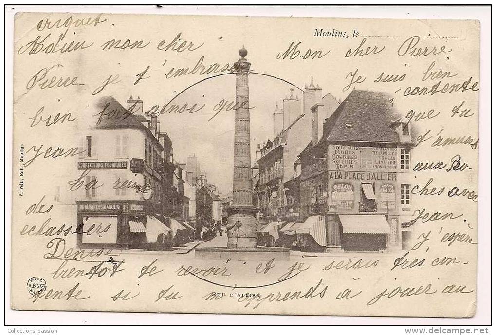 Cp , 03 , MOULINS , Rue D'ALLIER , Dos Simple , Voyagée 1901 , Boutique , Commerce - Moulins