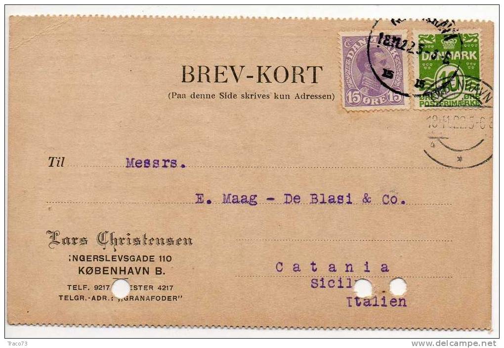 COPENHAGEN - CATANIA  (Italia) - Cover / Lettera  18.11.1922 -   Firma - Lettres & Documents