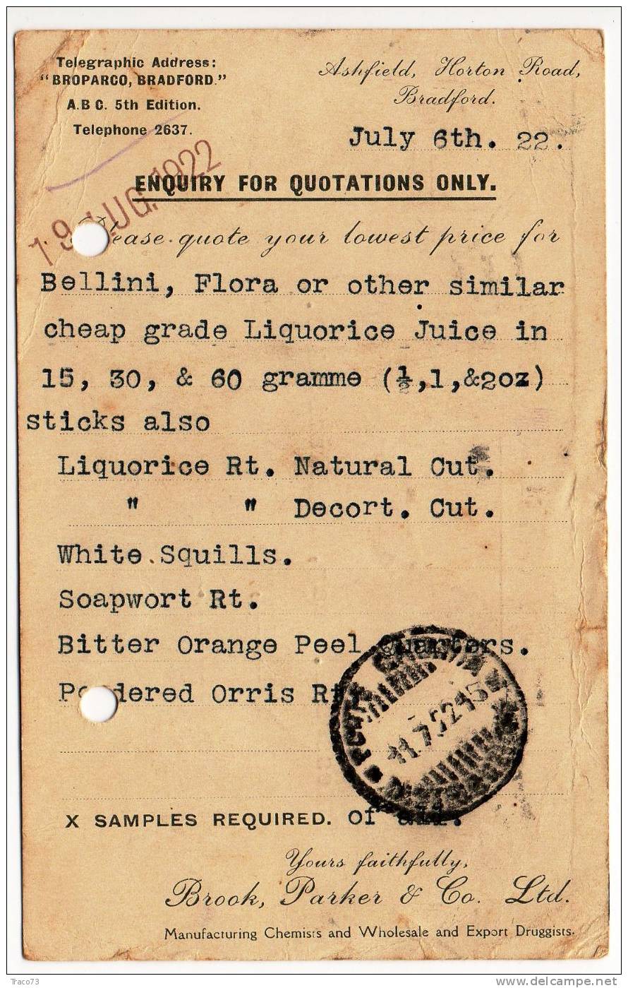 Gran Bretagna  - Catania ( Italia)  /  Card - Cartolina  - Brook, Parker & Co. Ltd. - 28.12.1922 - Lettres & Documents