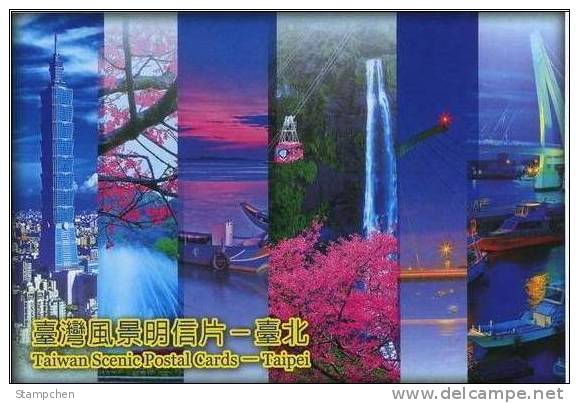 2008 Taiwan Scenic Pre-stamp Postal Cards - Taipei 101 Bird Bridge Park Boat Waterfall Fish - Pêche