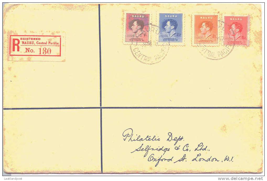 NAURU 1937 CORONATION SET OF FOUR (COUPLE SMALL FAULTS) ON PRINTED REGISTERED COVER TO LONDON (SELFRIDGE & Co), - Nauru