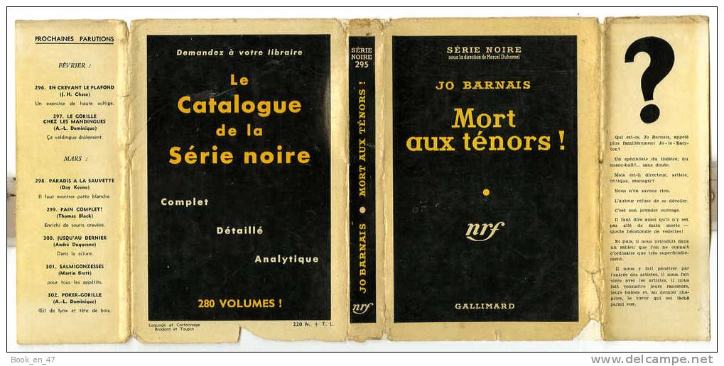 {43096} Jo Barnais " Mort Aux Ténors " ; Gallimard Série Noire N° 295 , EO 1956 . - Série Noire