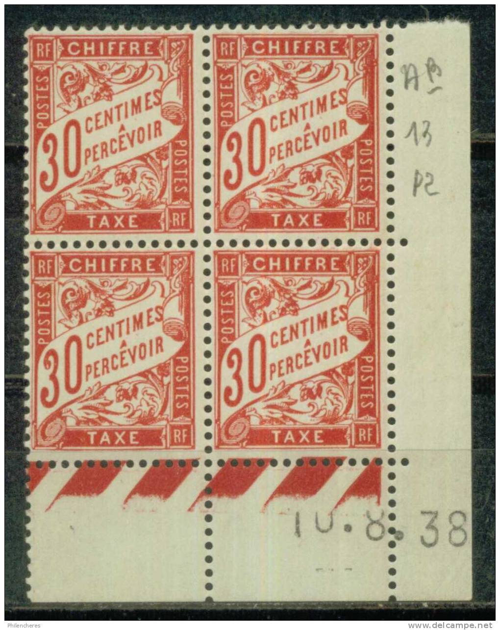 France Bloc De 4 - Coin Daté 1938 - Yvert Taxe N° 33 X - Cote 5 Euros - Prix De Départ 1,5 Euro - Postage Due