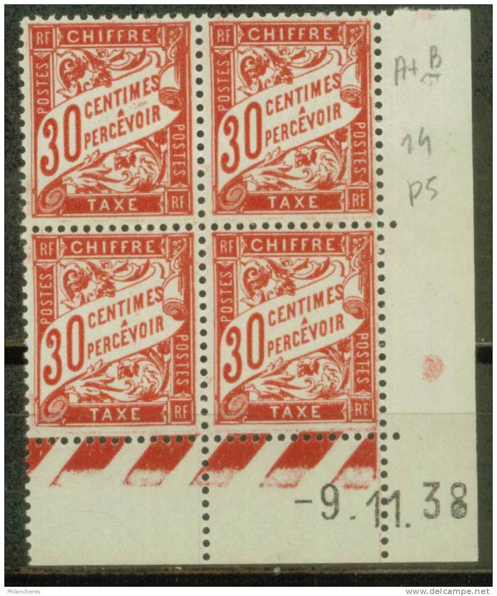 France Bloc De 4 - Coin Daté 1938 - Yvert Taxe N° 33 Xx - Cote 5 Euros - Prix De Départ 2 Euros - Postage Due