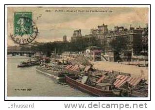 Carte Postale Ancienne Paris - Quai Et Port De L'Hôtel De Ville - Péniches, Batellerie - Die Seine Und Ihre Ufer