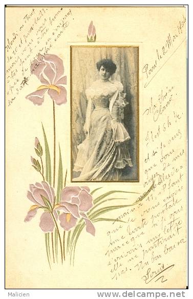 BELLE FANTAISIE-ref  68- Carte Gaufrée-medaillon Femme - Carte Cadre Et Fleurs Dorures -carte Bon Etat - Femmes