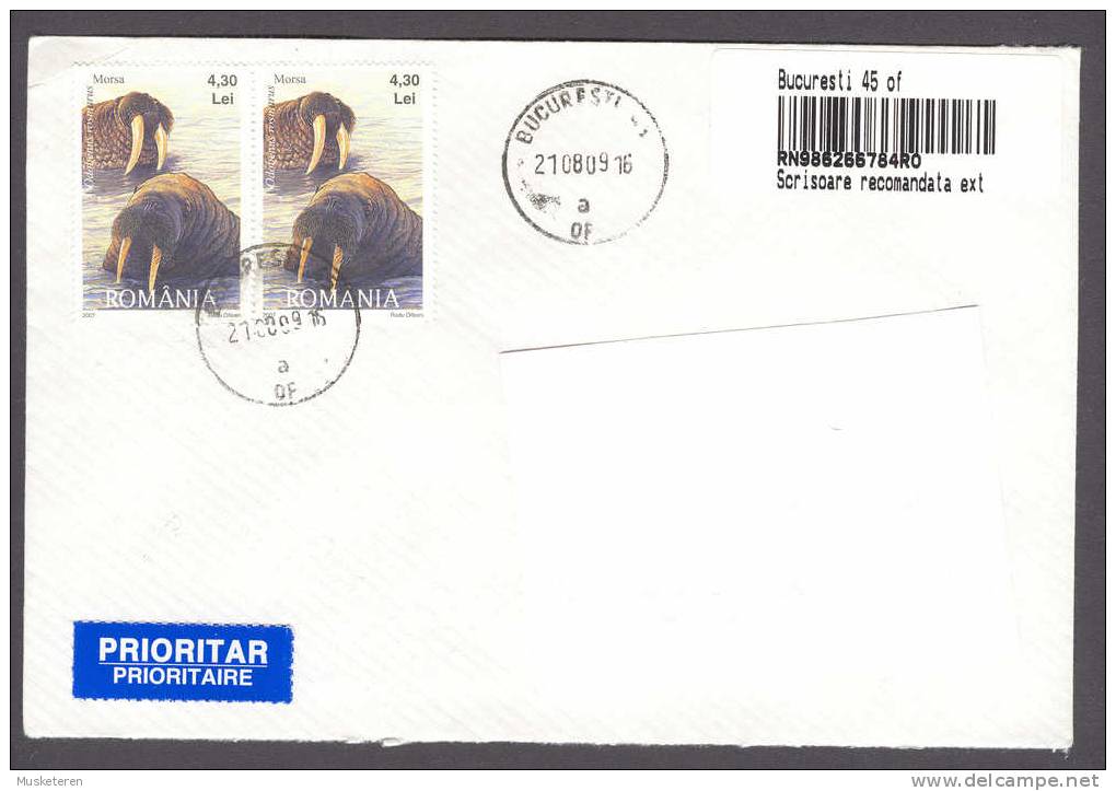 Romania NEW Prioritar Prioritaire Label Registered Recomandata BUCARESTI 2009 Cover To Denmark Walrus - Brieven En Documenten