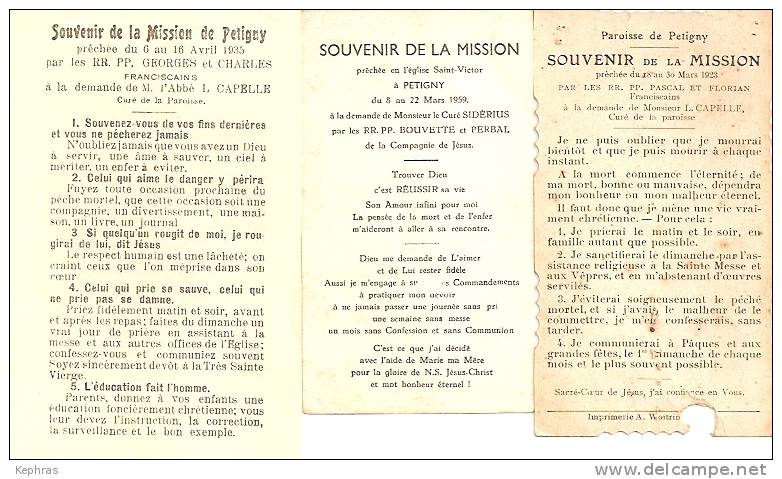 PETIGNY : Lot De 3 Souvenirs Des Missions De 1923 - 1935 - 1959 - Devotieprenten