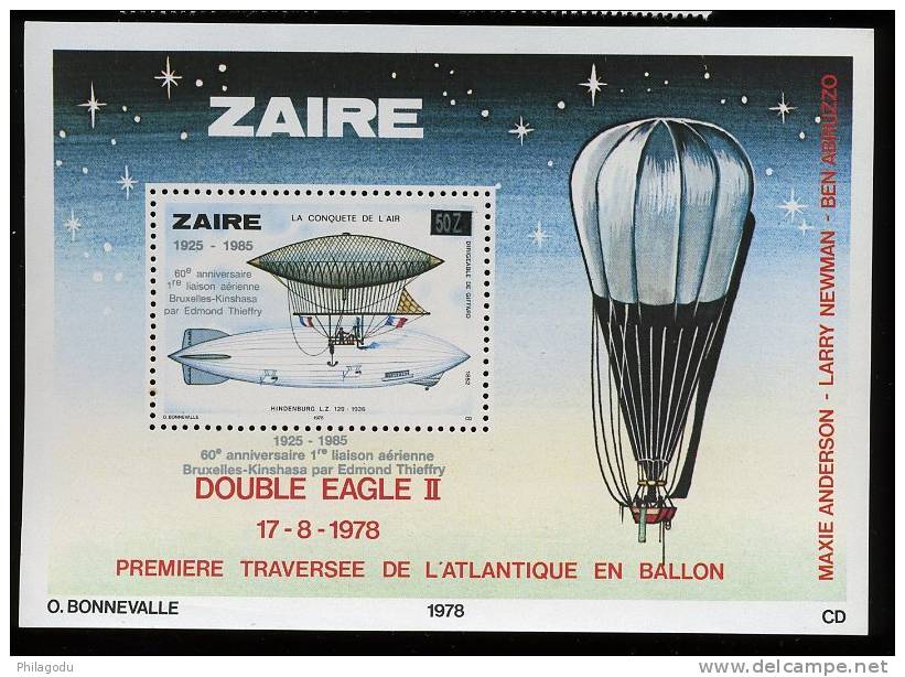 Zaire 1985  Bloc 59**   Surchargé "60 Ans  1er Vol Bruxelles-Kinshasa"  Cote 75 € - Zeppelins