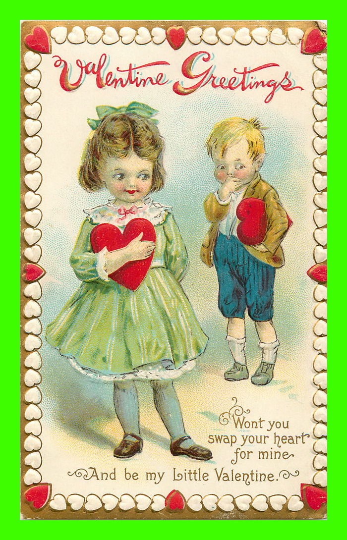 VALENTINE GREETINGS - EMBOSSED - GIRL & BOY WITH HARTS - WRITTEN - - Valentijnsdag