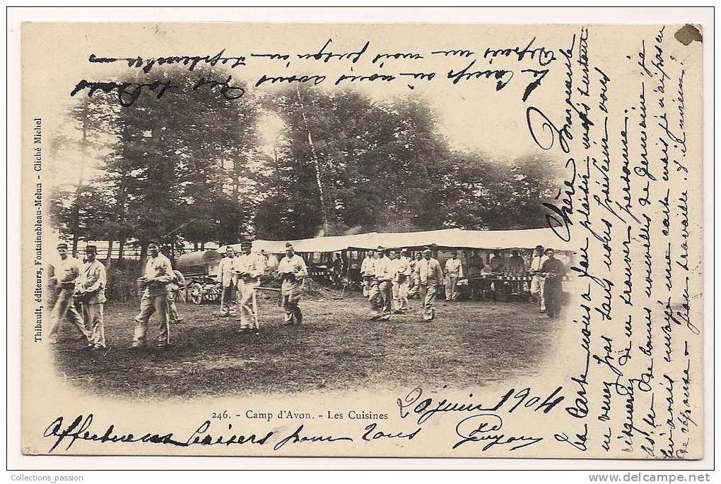 Cp , 77 , Camp D´AVON , Les Cuisines , Militaria , Dos Simple , Voyagéee 1904 , Animée - Avon