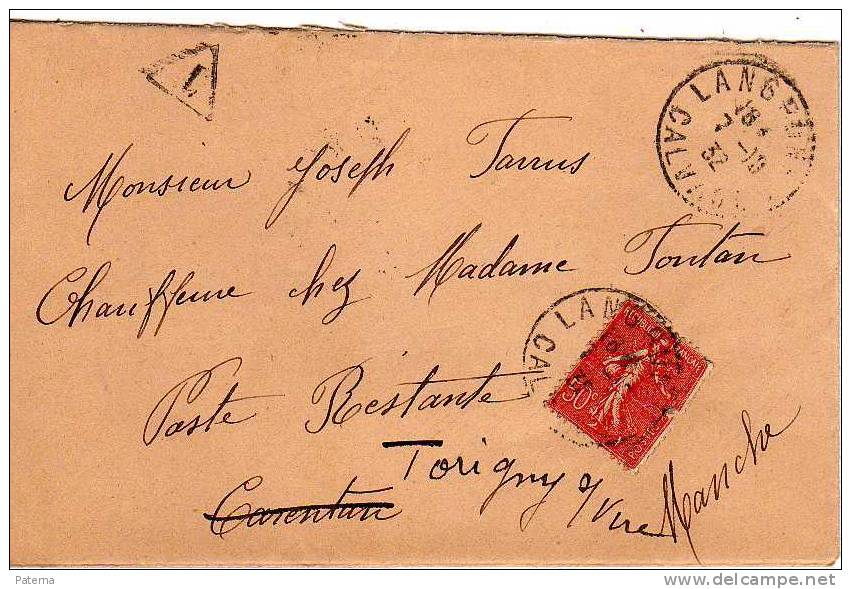 Carta, LANCRUNE-CALVADOS 1932 ( Francia) Reexpedida, Semeuse Lignee, Cover, Lettre, Letter - 1903-60 Säerin, Untergrund Schraffiert