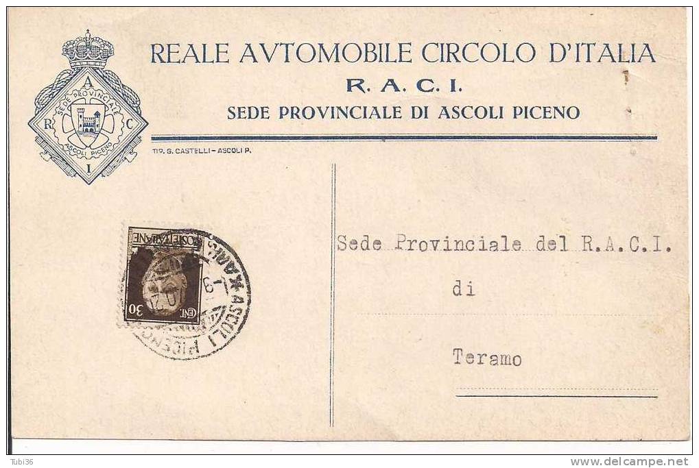 REALE AUTOMOBILE  CIRCOLO D'ITALIA - R.A.C.I. -  ASCOLI PICENO -  CARTOLINA COMMERCIALE VIAGGIATA  1940 - Ascoli Piceno