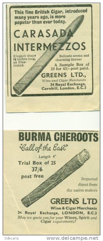 2 X Reclame Uit Oud Magazine 1956 - Cigar Burma Cheroots, London & Carasada Intermezzos, London - Dokumente