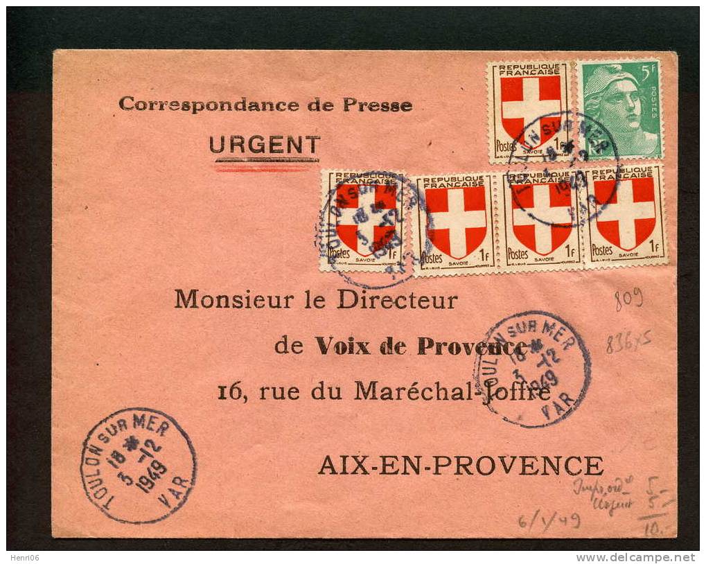 =*= Peu Commun: Gandon+Blason 809+636x5 Sur Lettre Au Tarif Imprimés URGENT Toulon>>>>Aix-en-Provence 3/12/1949 =*= - Covers & Documents