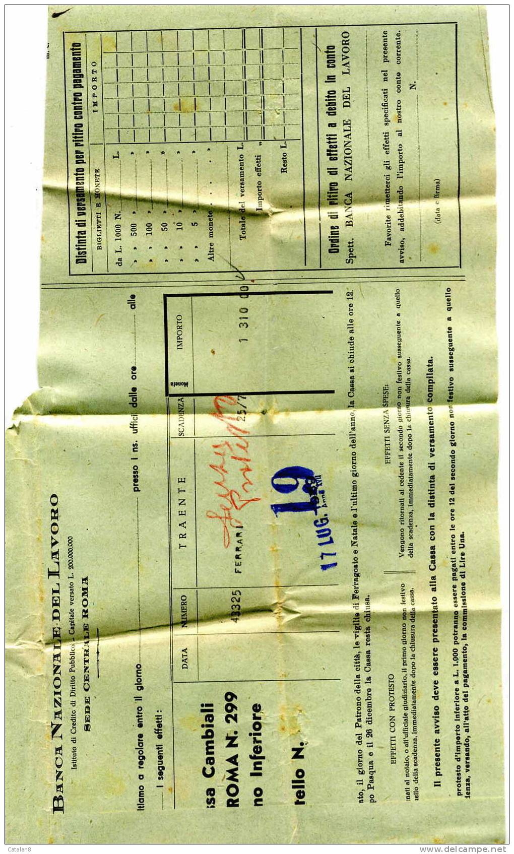 S393 RECAPITO AUTORIZZATO C. 10 SU PIEGO BANCA NAZIONALE DEL LAVORO AVVISO SCADENZA CAMBIALI DA PALERMO A CITTA'  1939 - Taxe Pour Mandats
