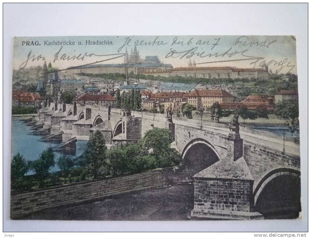 PRAG :  Karlsbrücke U. Hradschin  -  Jolie Carte Couleur  -  Timbre Autrichien  1906 - Tschechische Republik