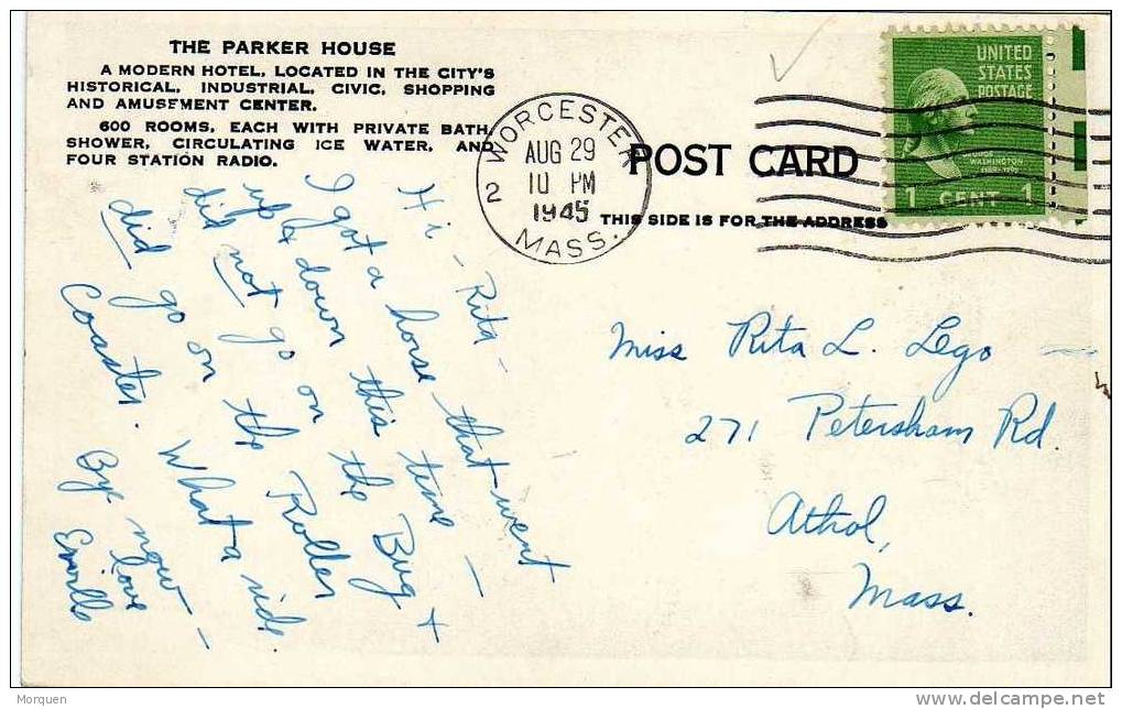 1019. Postal WORCESTER Mass 1945 The Parker House Of Boston - Worcester