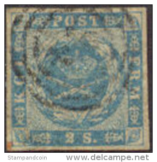 Denmark #3 XF Used 2s Light Blue From 1855 - Gebraucht