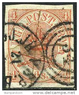 Denmark #13a XF Used 4s Red Imperf Single From 1864 - Gebraucht