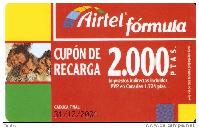 ACR-052/1  TARJETA DE AIRTEL DE 2000 PTAS DEL 31/12/2001 - Airtel