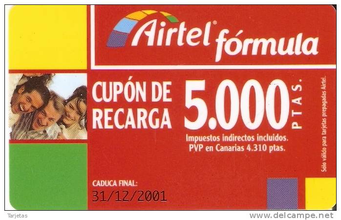 ACR-055/1  TARJETA DE AIRTEL DE 5000 PTAS DEL 31/12/2001  NUMEROS COMPACTOS - Airtel