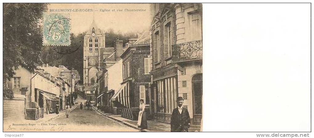 27 - EURE-CPA-BEAUMONT LE ROGER -EGLISE ET RUE CHANTEREINE- Animée-TBE - Beaumont-le-Roger