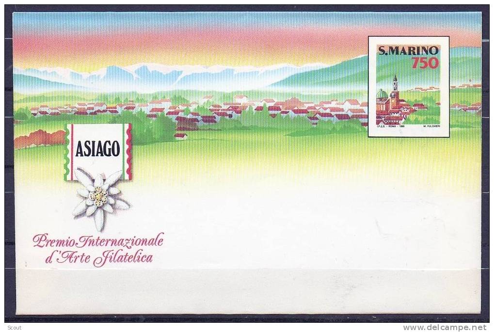 SAN MARINO - SAINT MARIN - 1990 - ASIAGO PREMIO INT. D´ARTE FILATELICA - BUSTA POSTALE LIRE 750 - Entiers Postaux