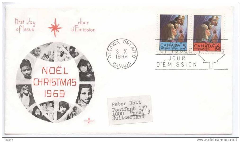 Canada FDC Christmas 1969 Ottawa Ontario 8-10-1969 With Cachet Sent To Switzerland - 1961-1970