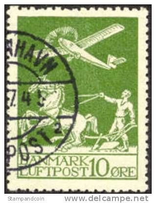 Denmark C1 XF Used 10o Yellow Green Airmail From 1925 - Airmail