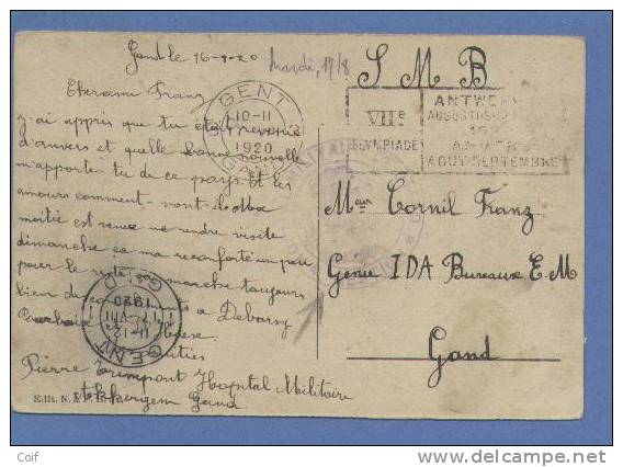 SM Kaart Met Stempel GENT 3 "OLYMPIADE" Met Stempel HOPITAL MILITAIRE DE GAND / GESTION - Cartas & Documentos