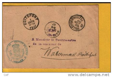 Kaart Met Stempel COMMANDANT DU DISTRICT MILITAIRE / IXELLES Verzonden Naar "Bourgmestre WATERMAEL - BOITSFORT" - Covers & Documents